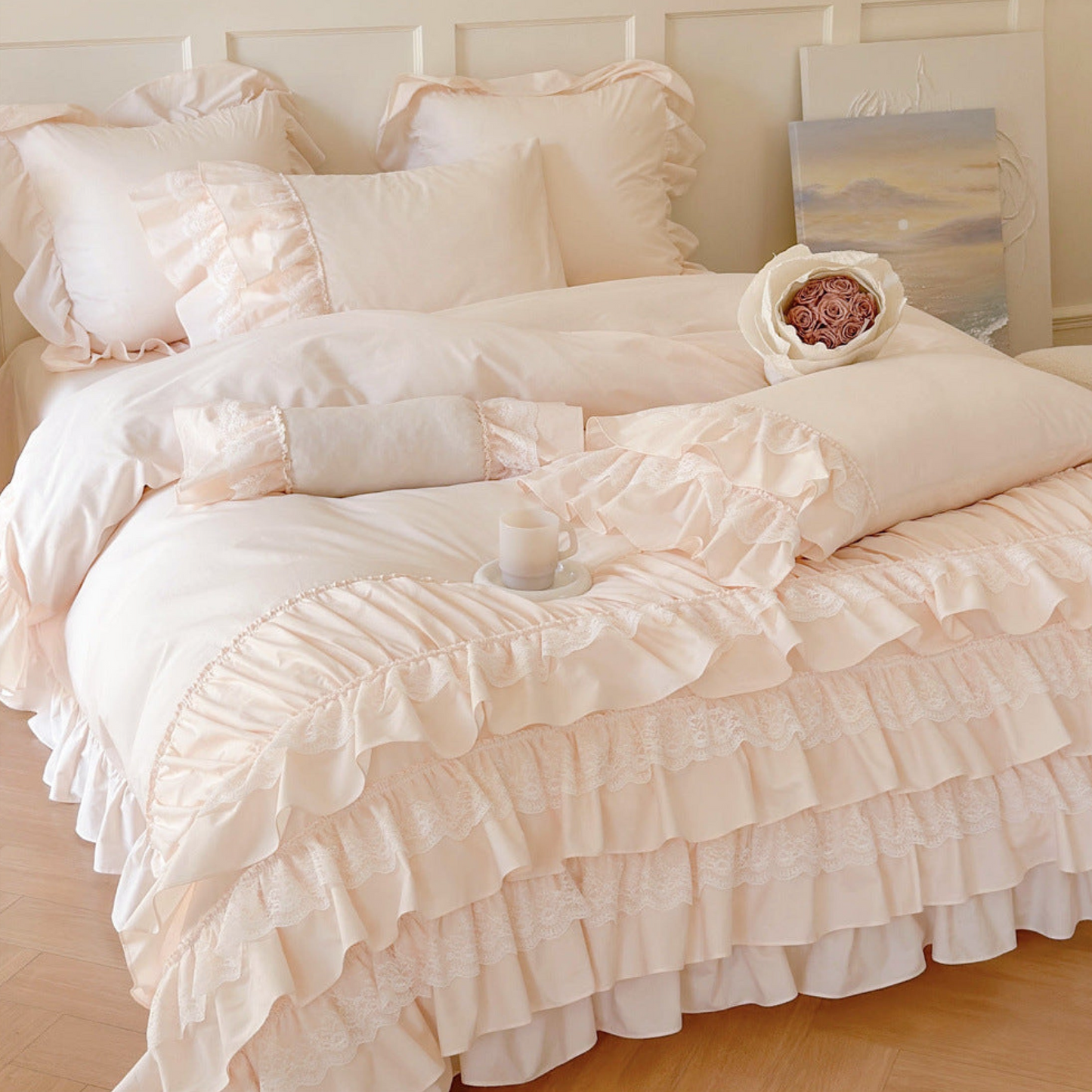 Princess Ruffle Lace Bedding Set / Pink & White
