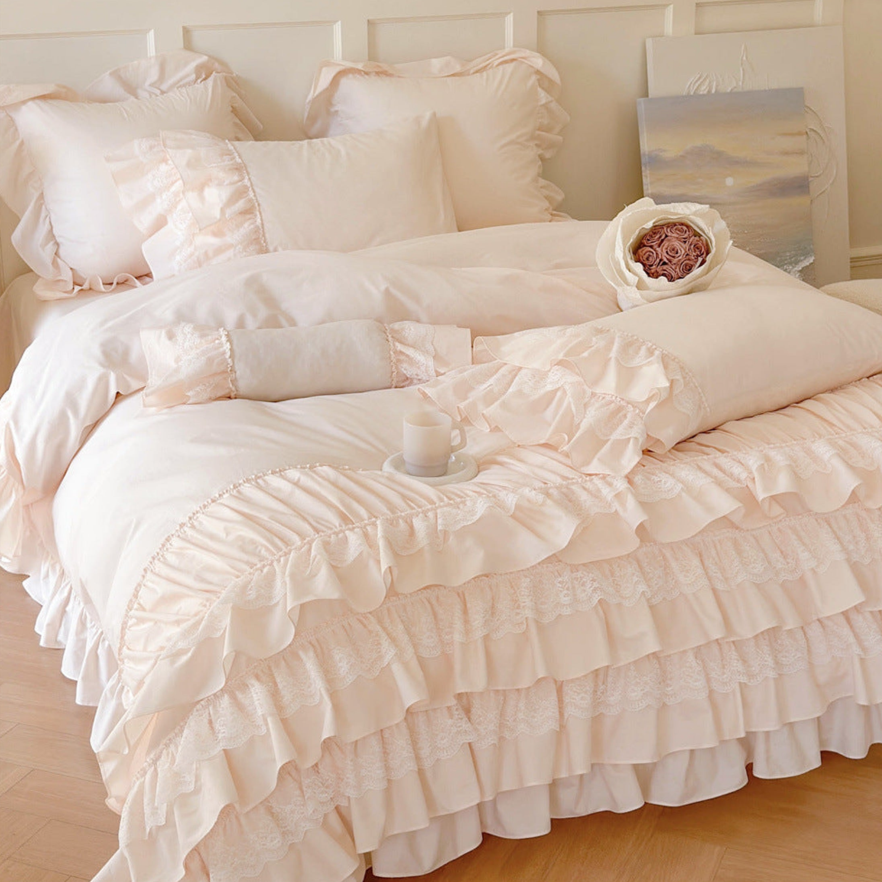 Princess Ruffle Lace Bedding Set / Pink & White