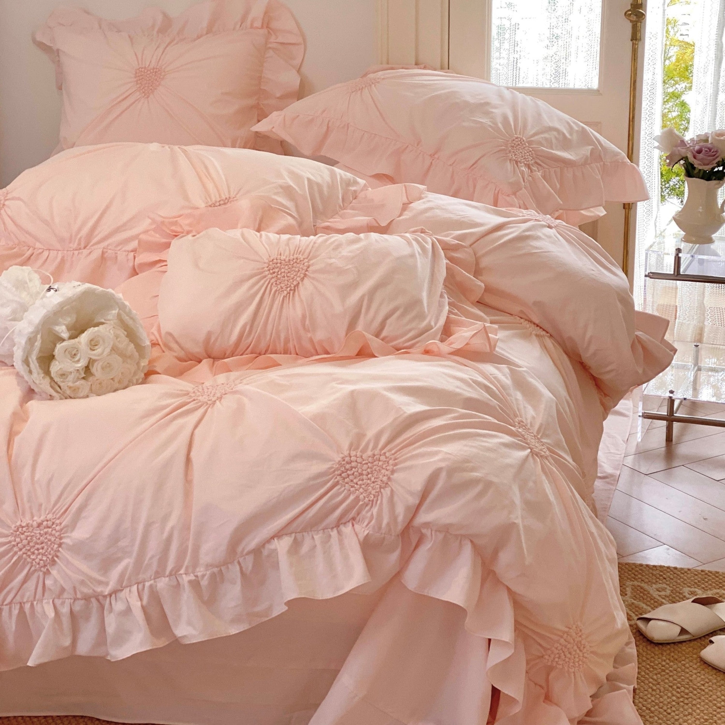 Embroidered Heart Ruffle Bedding Set / Charming