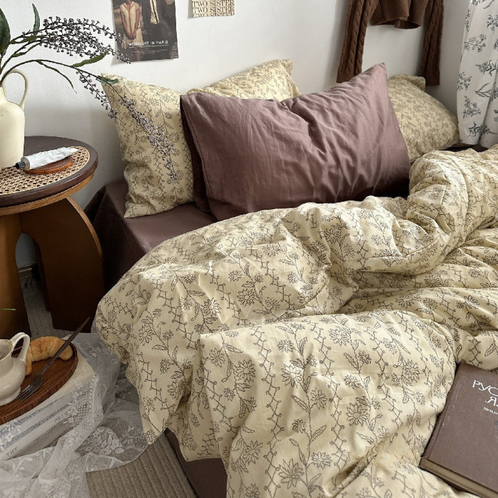 Vintage Inspired Dark Floral Bedding Set / Brown Yellow