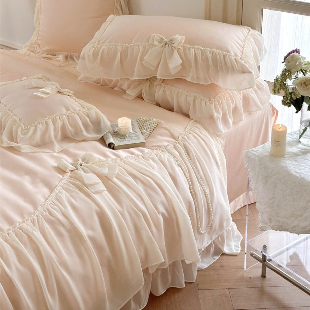 Ribbon Bow Airy Lace Bedding Set / Baby Pink