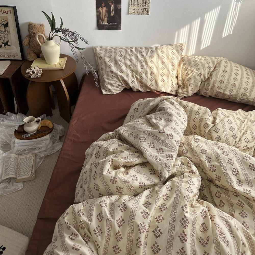 Vintage Inspired Dark Floral Bedding Set / Brown Yellow