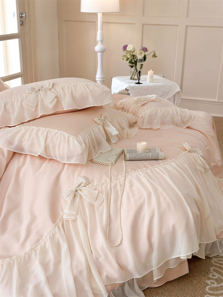 Ribbon Bow Airy Lace Bedding Set / Baby Pink