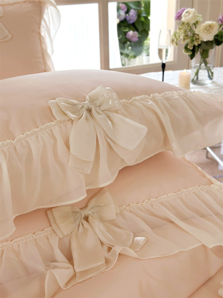 Ribbon Bow Airy Lace Bedding Set / Baby Pink