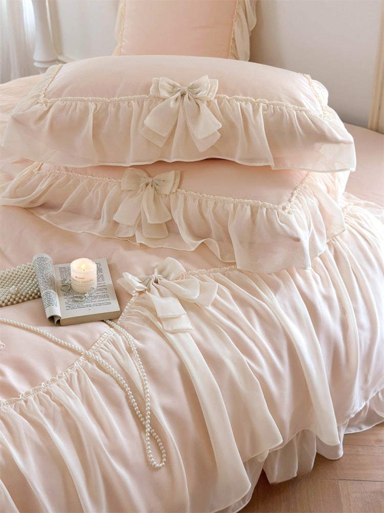 Ribbon Bow Airy Lace Bedding Set / Baby Pink