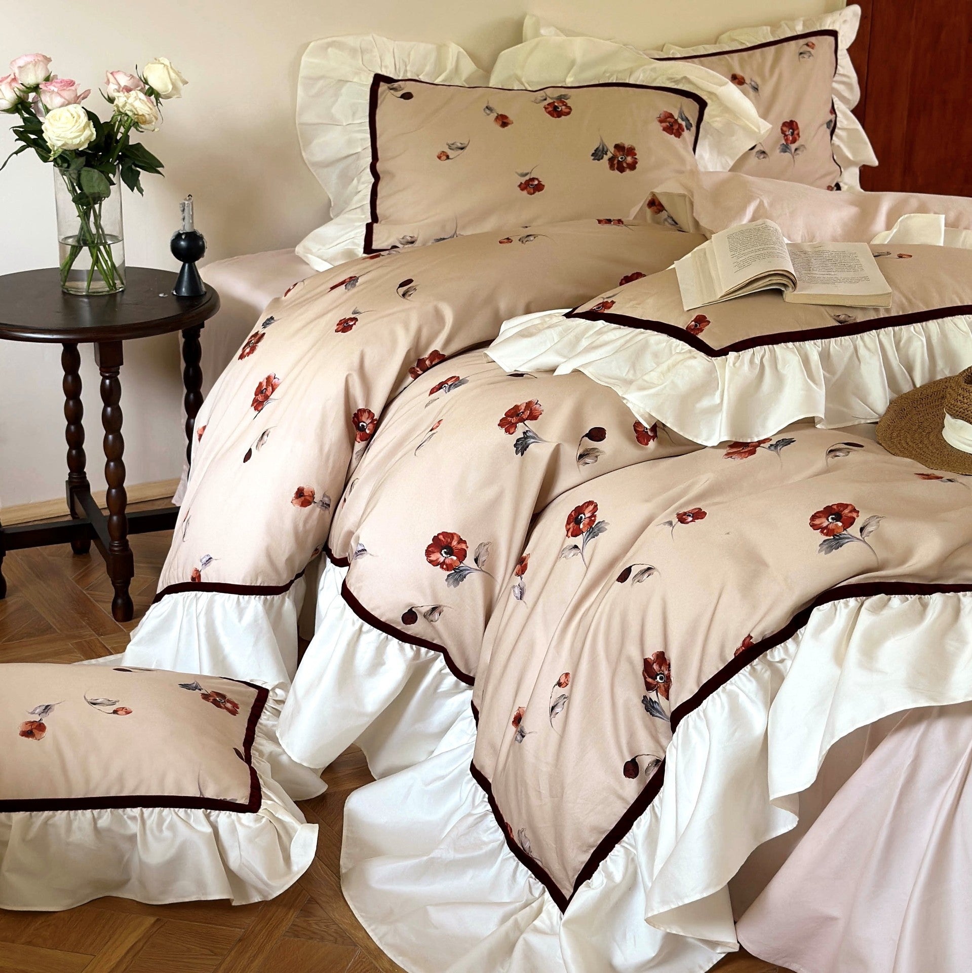 Rosé Floral Ruffle Bedding Set / Pink