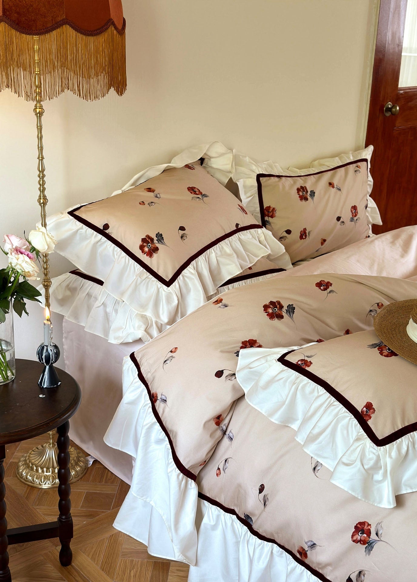 Rosé Floral Ruffle Bedding Set / Pink