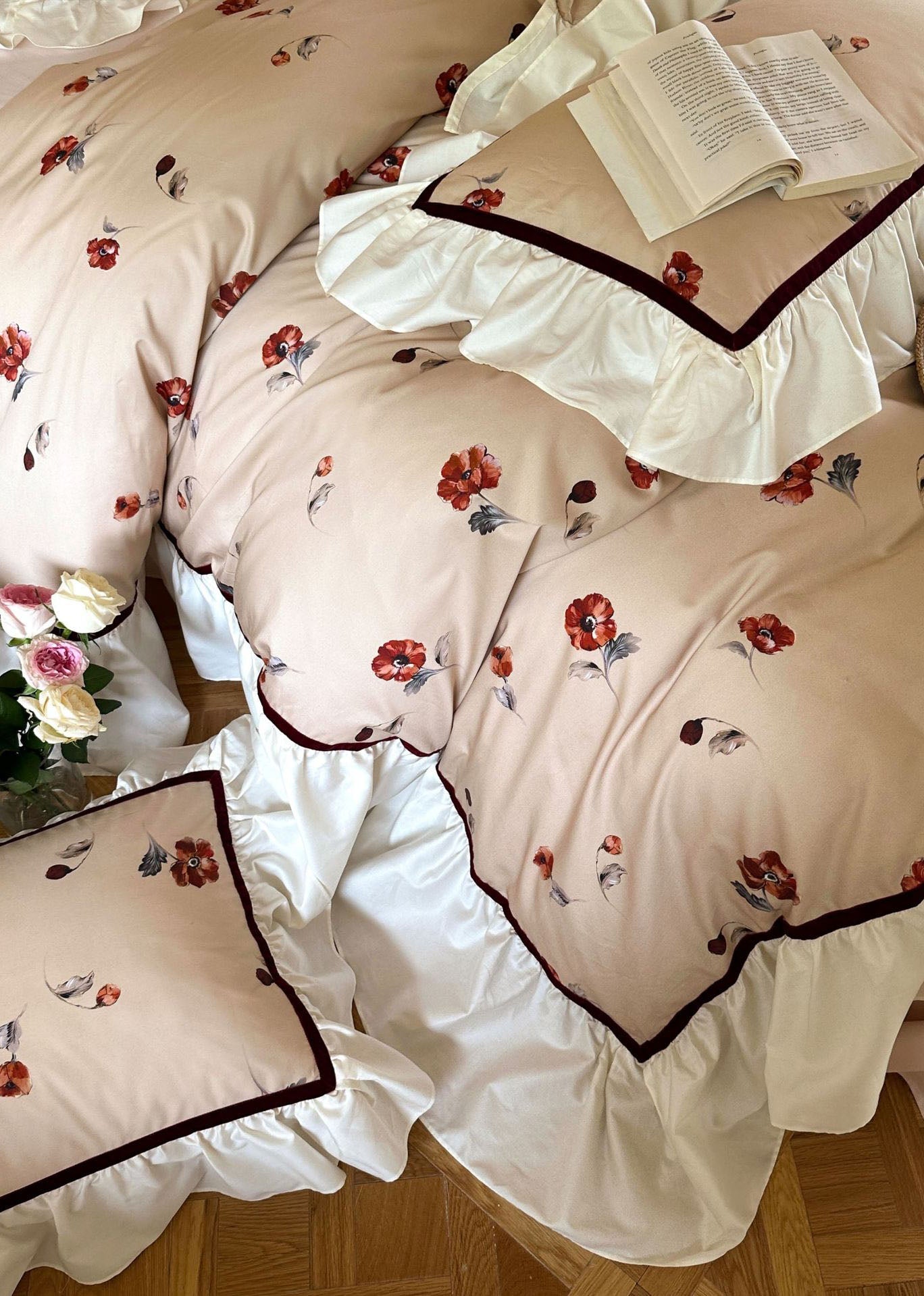 Rosé Floral Ruffle Bedding Set / Pink