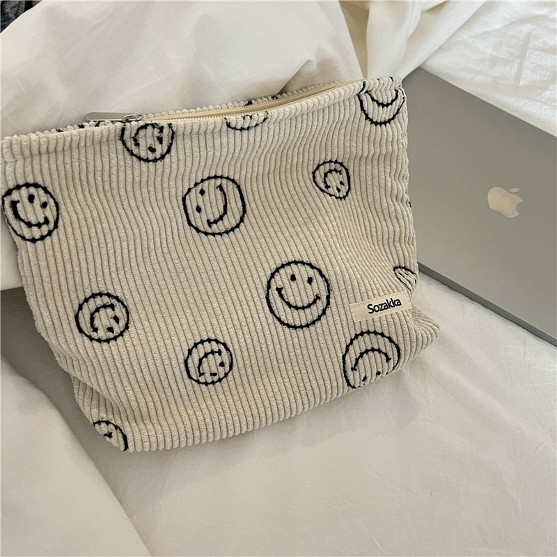 Smiley Face Corduroy Cosmetic Bag