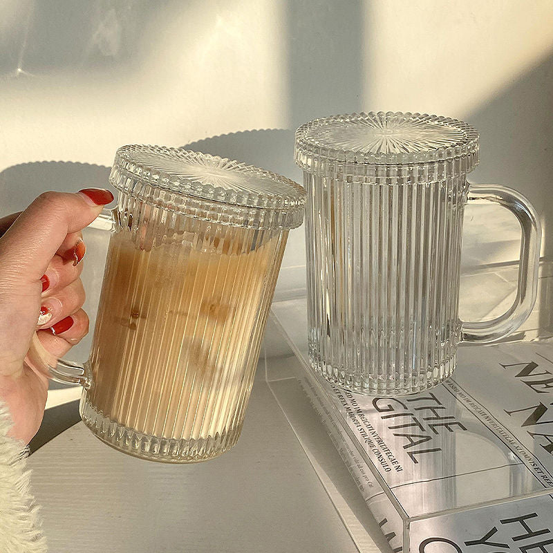 Simple Stripe Glass Cup with Lid and Straw