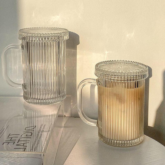 Simple Stripe Glass Cup with Lid and Straw