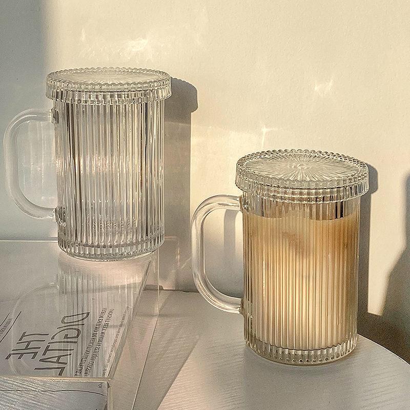 Simple Stripe Glass Cup with Lid and Straw