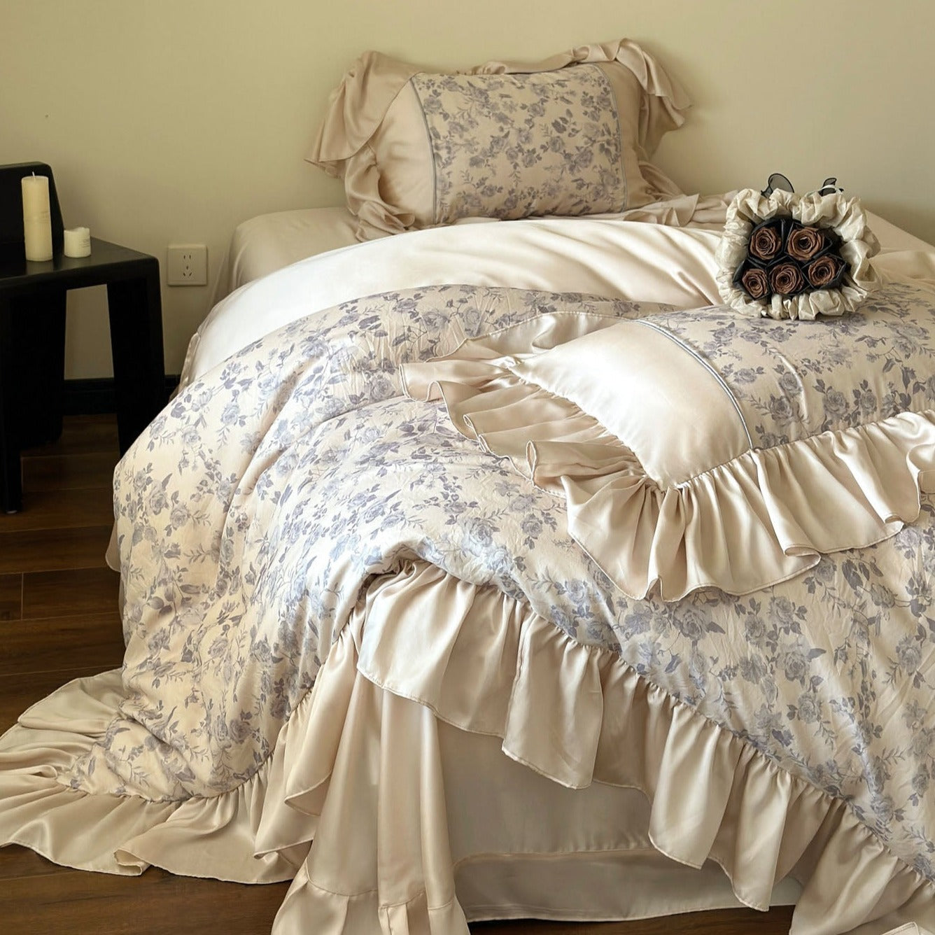Silky Champagne Ruffle Floral Bedding Set / Blue