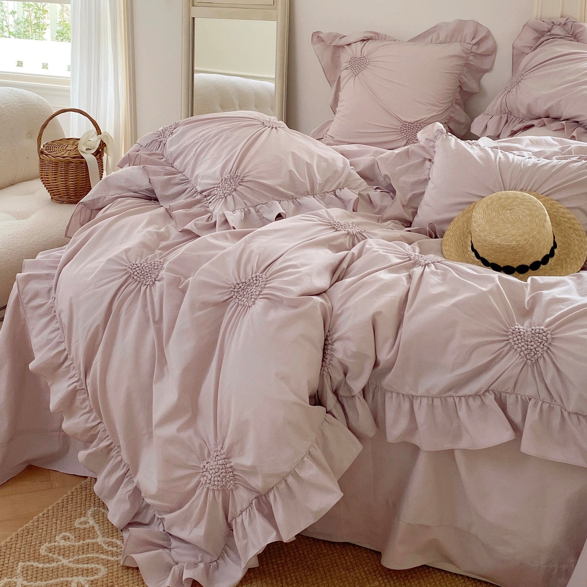 Sweet Heart Embroidered Ruffle Bedding Set / Eggshell White