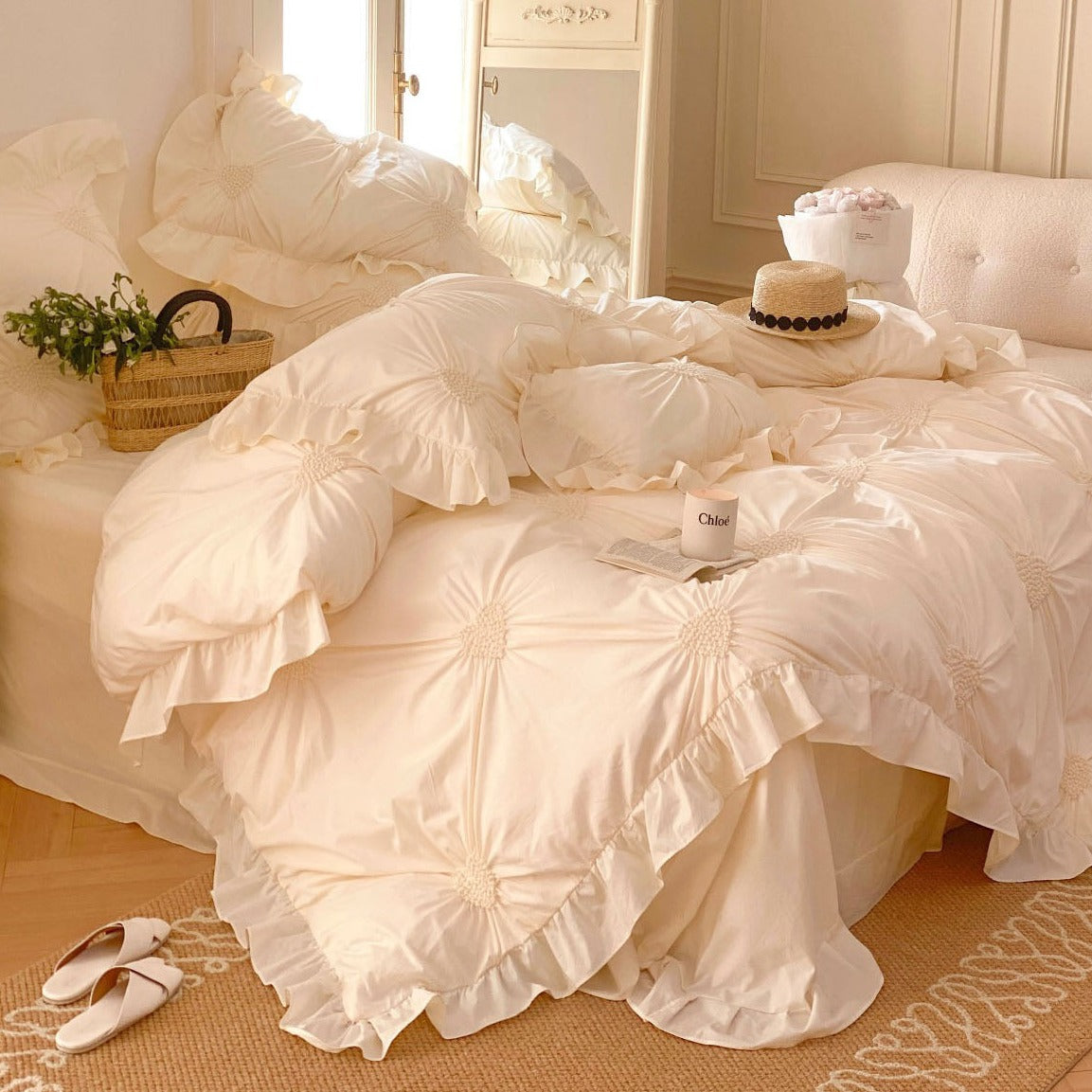 Sweet Heart Embroidered Ruffle Bedding Bundle