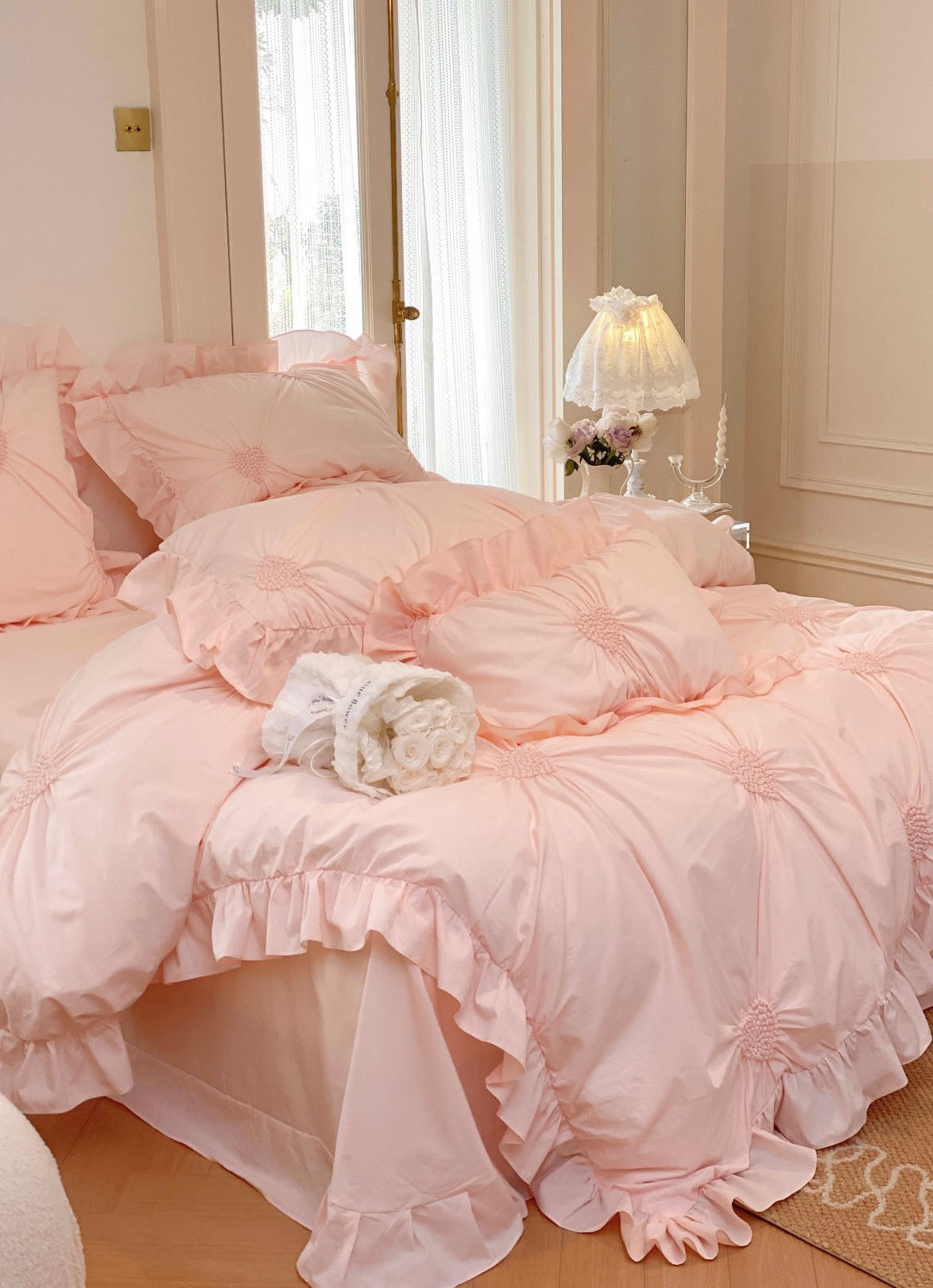 Sweet Heart Embroidered Ruffle Bedding Set / Eggshell White