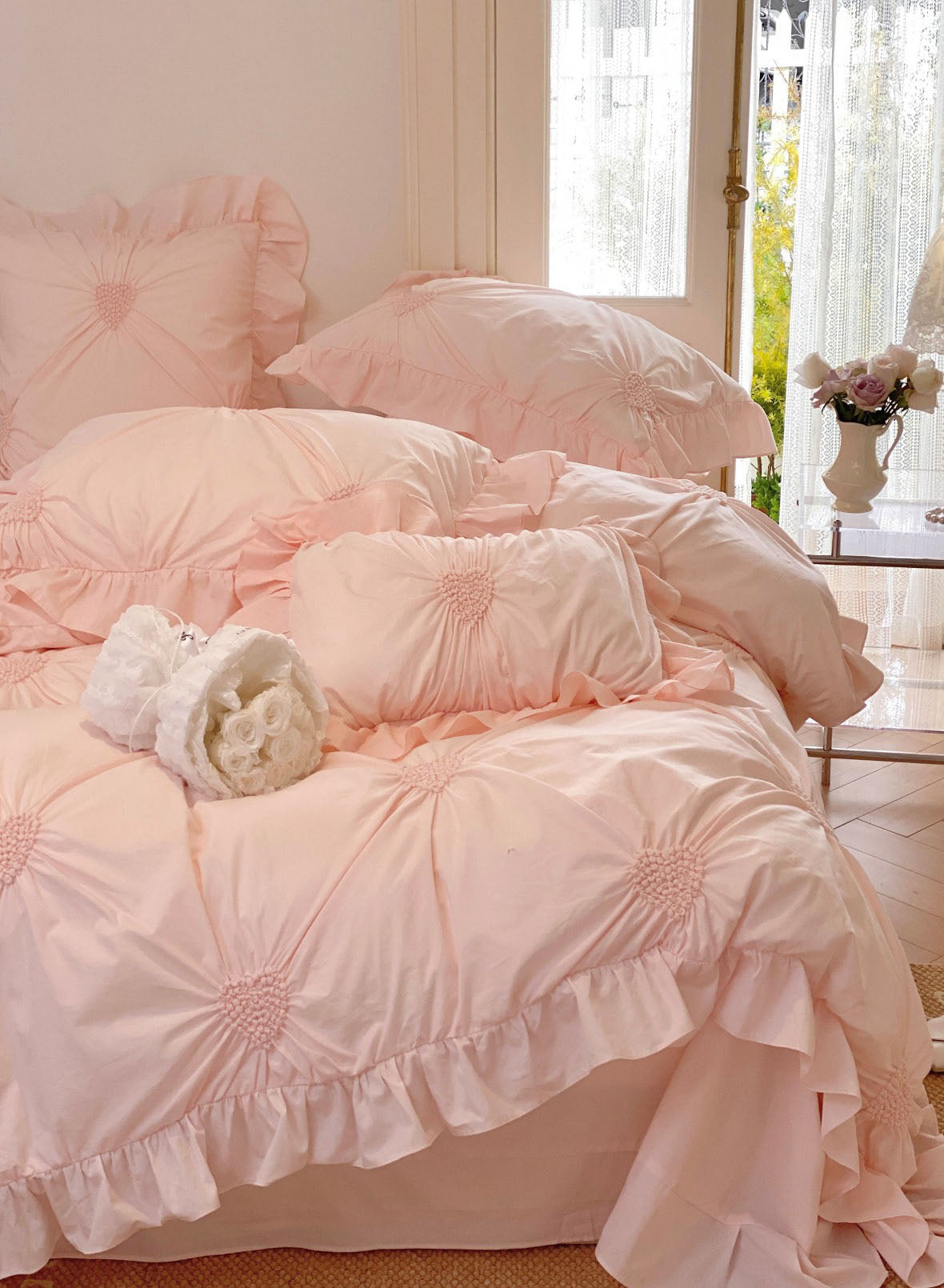 Sweet Heart Embroidered Ruffle Bedding Bundle