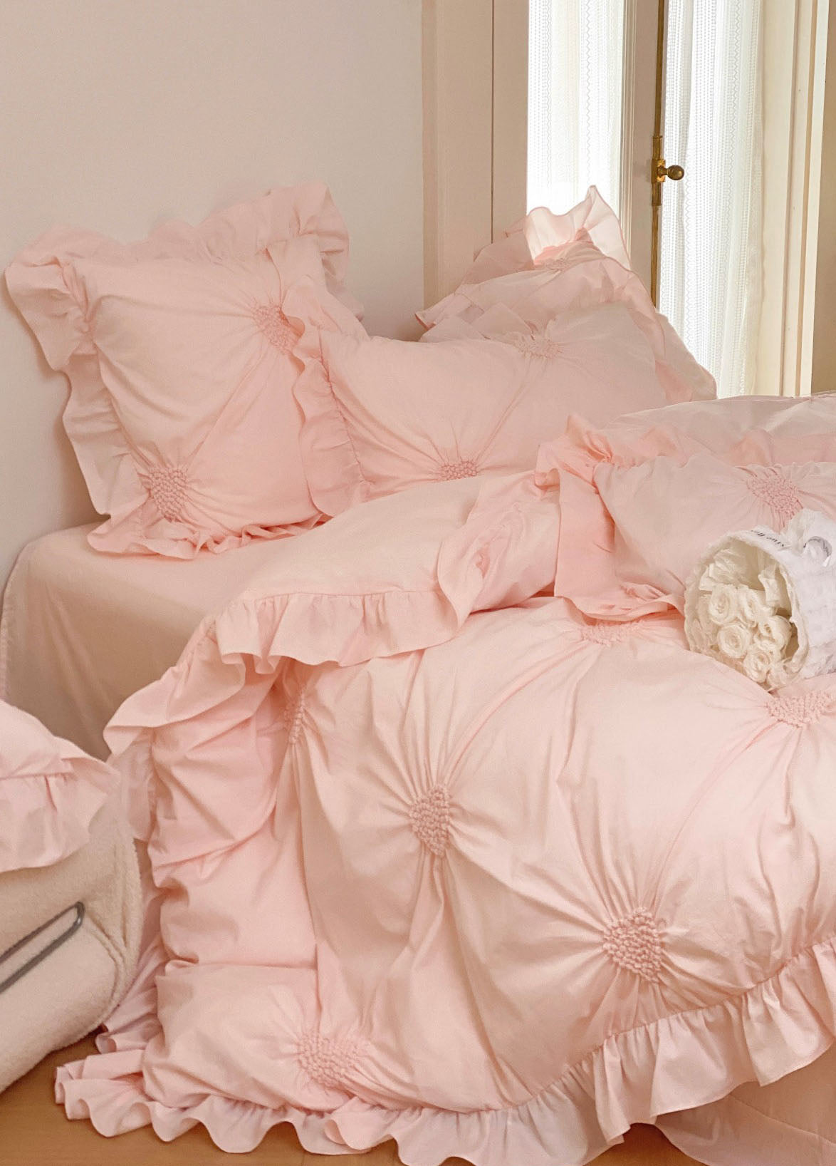 Sweet Heart Embroidered Ruffle Bedding Set / Eggshell White