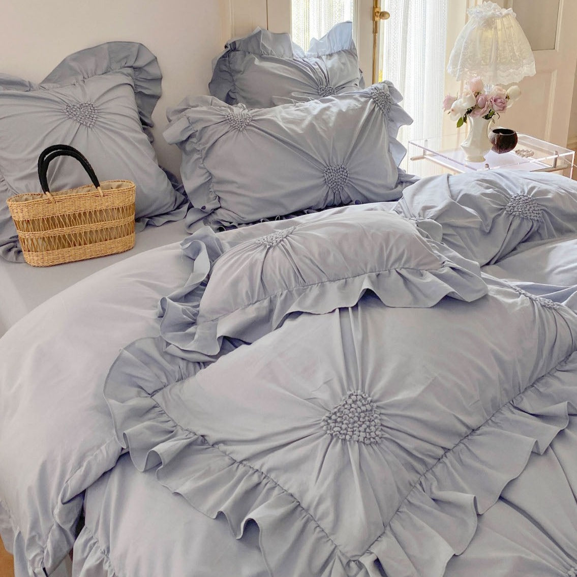 Sweet Heart Embroidered Ruffle Bedding Set / Eggshell White