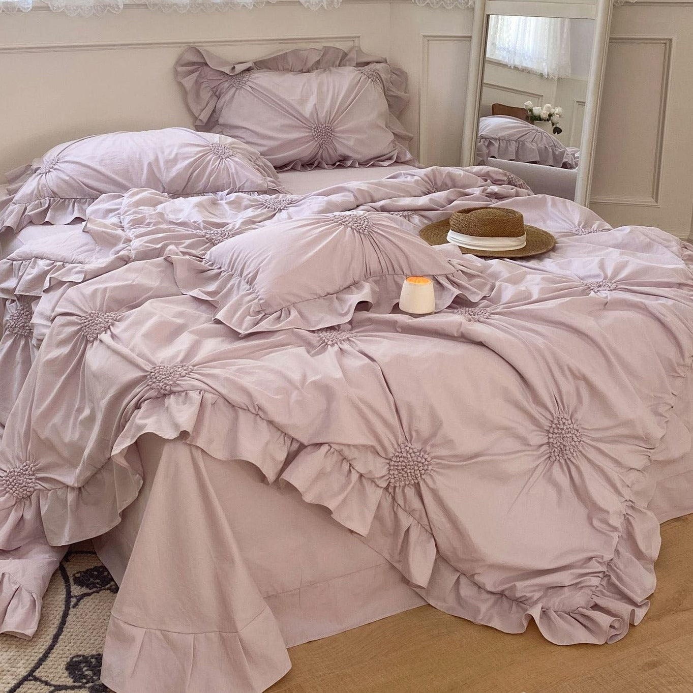 Sweet Heart Embroidered Ruffle Bedding Set / Eggshell White