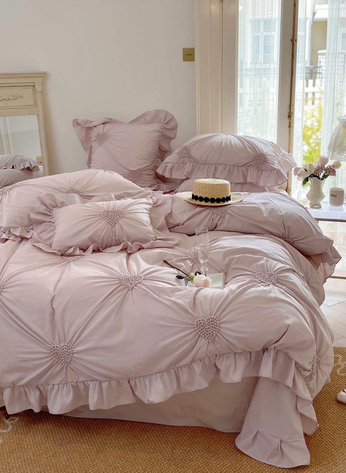 Sweet Heart Embroidered Ruffle Bedding Set / Eggshell White