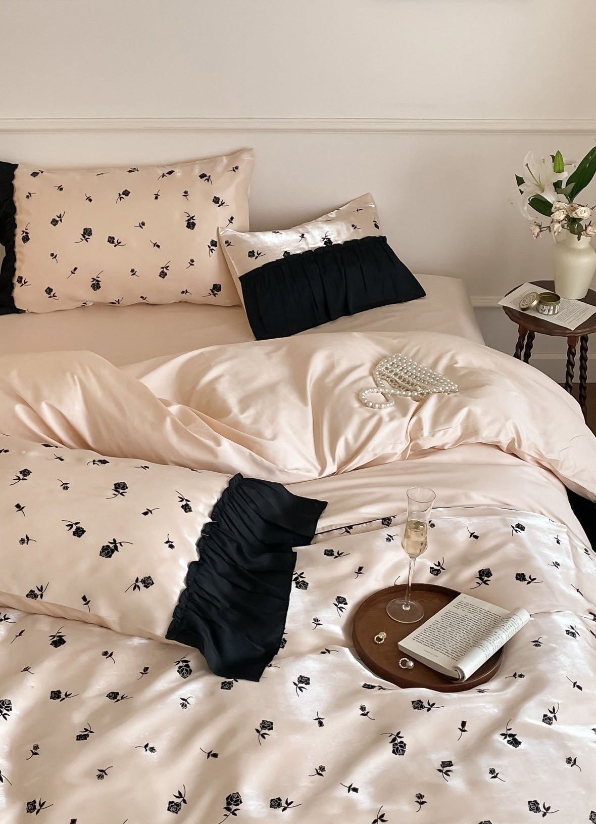 Vintage Inspired Silky Floral Ruffle Bedding Set / Black Pink