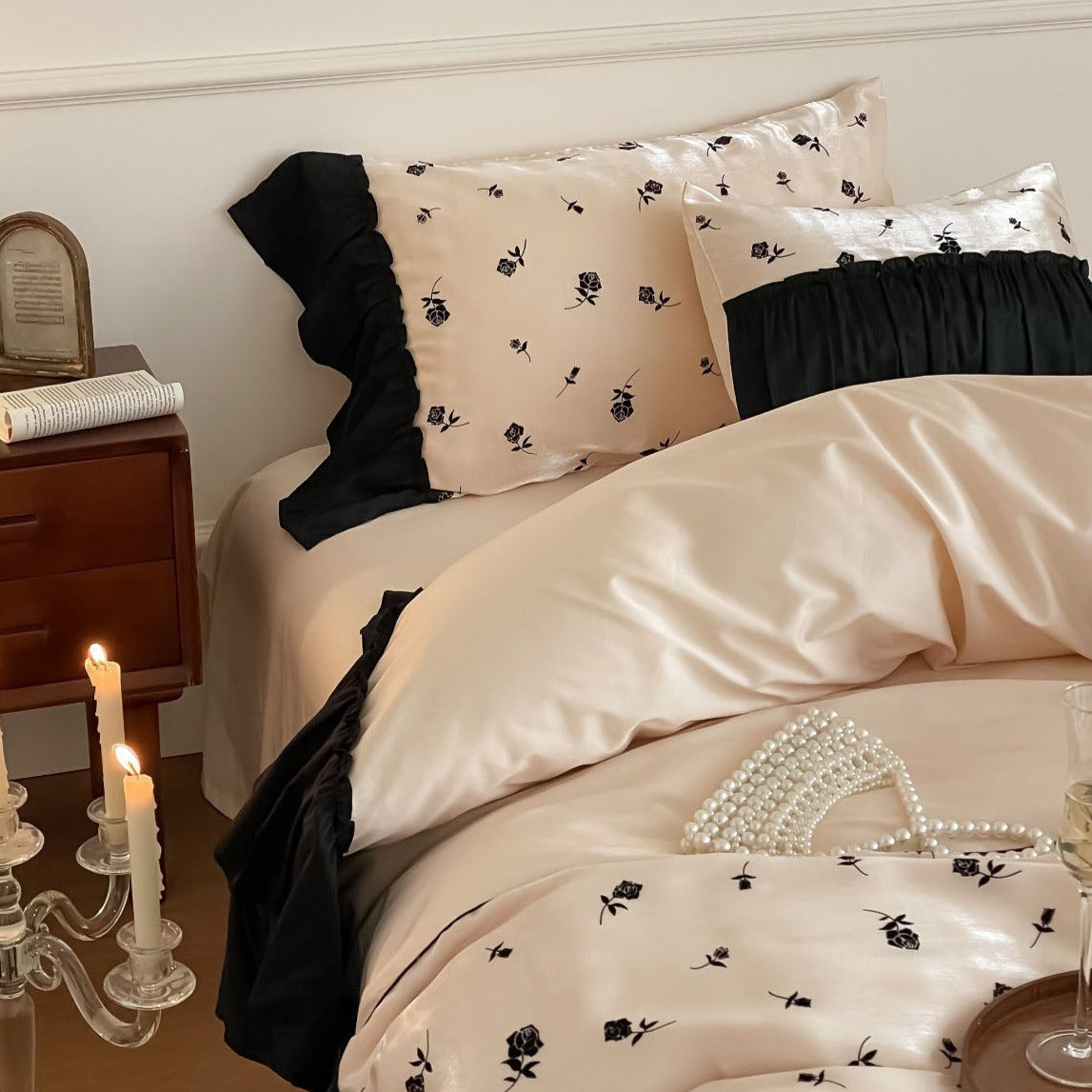 Vintage Inspired Silky Floral Ruffle Bedding Bundle