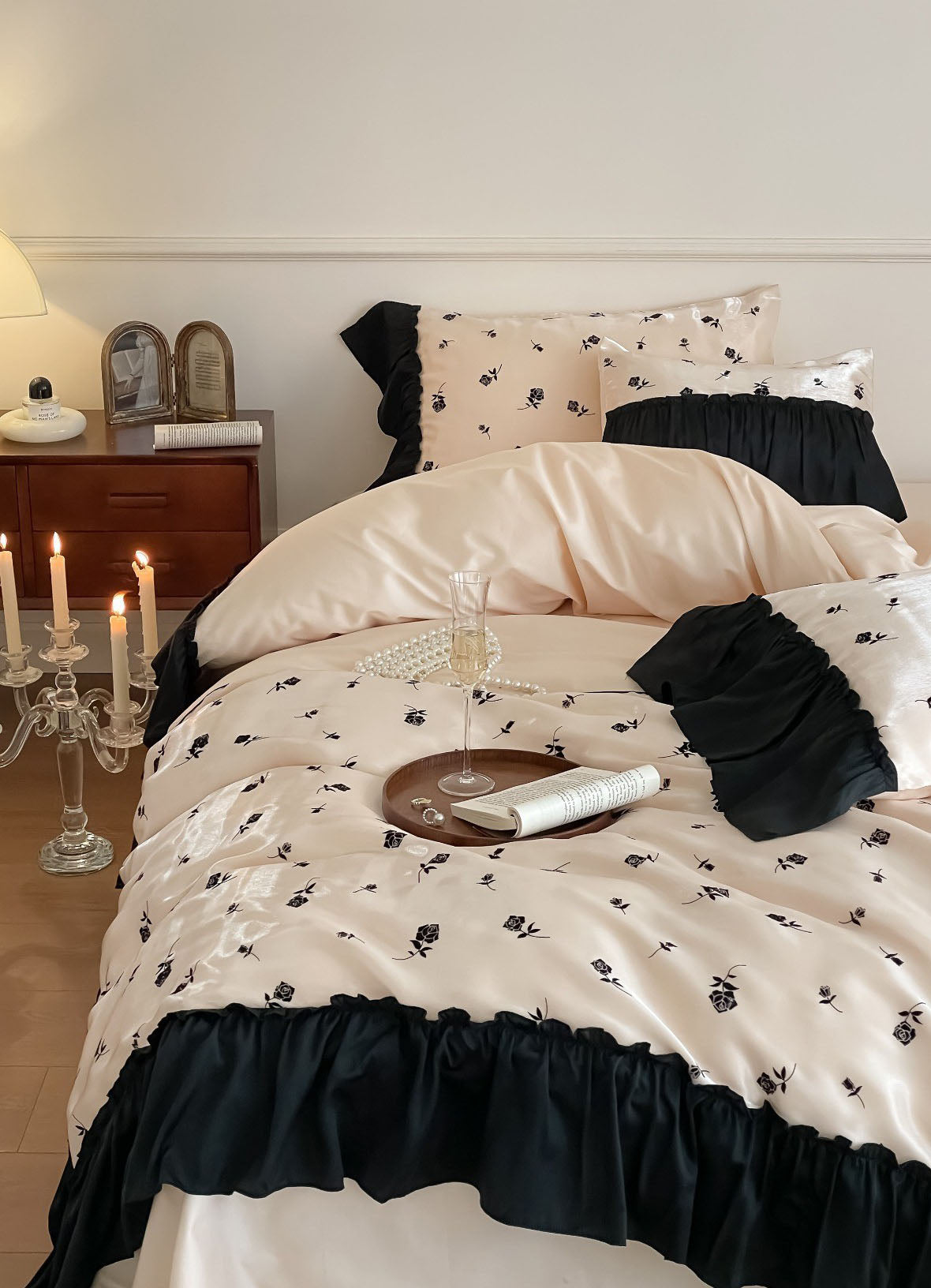 Vintage Inspired Silky Floral Ruffle Bedding Bundle