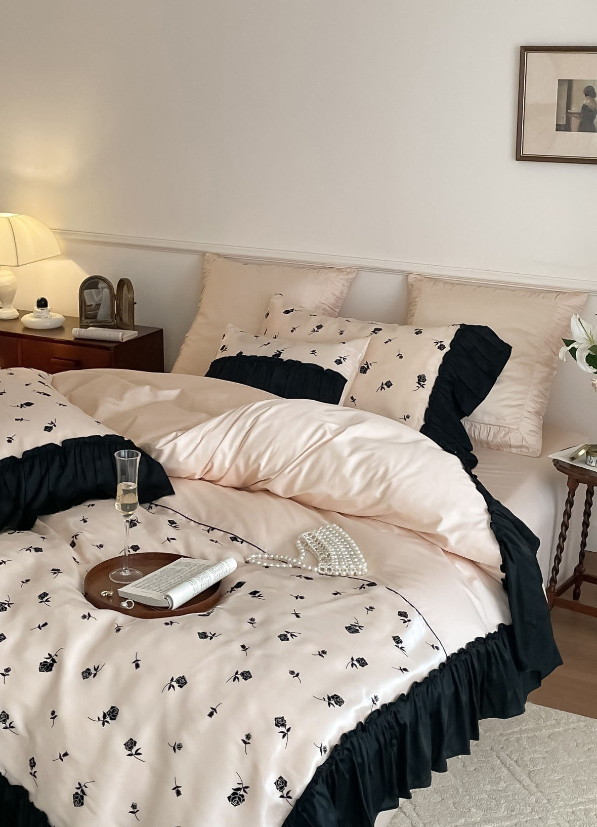Vintage Inspired Silky Floral Ruffle Bedding Set / Black Pink