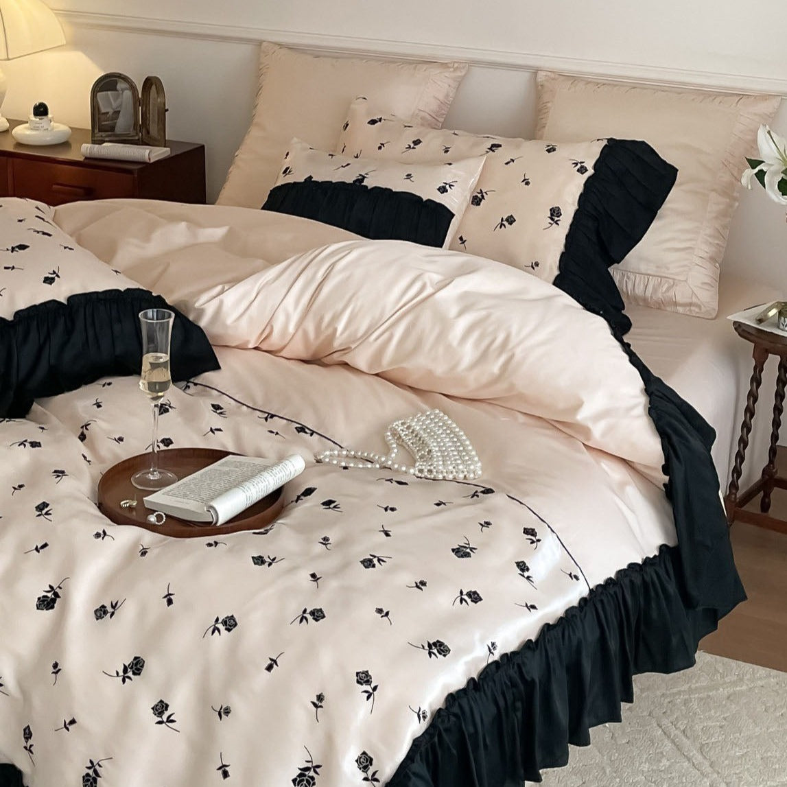 Vintage Inspired Silky Floral Ruffle Bedding Bundle