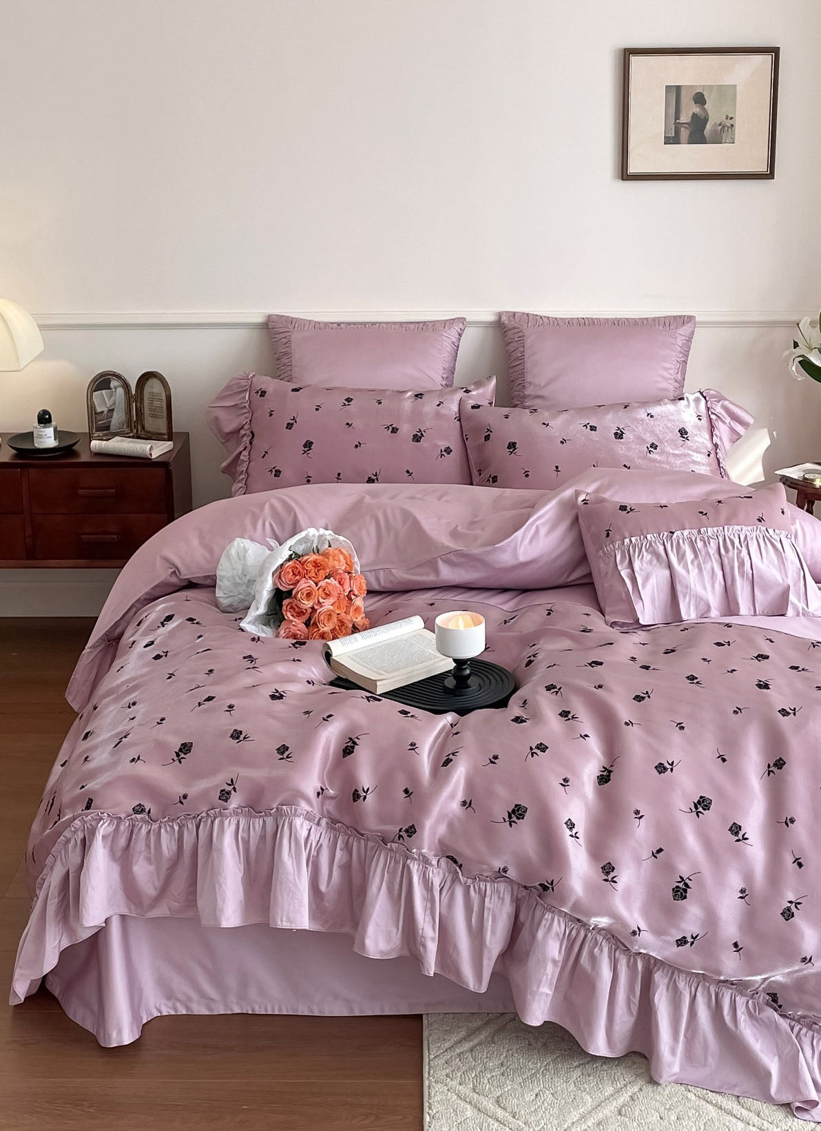 Vintage Inspired Silky Floral Ruffle Bedding Set / Black Pink