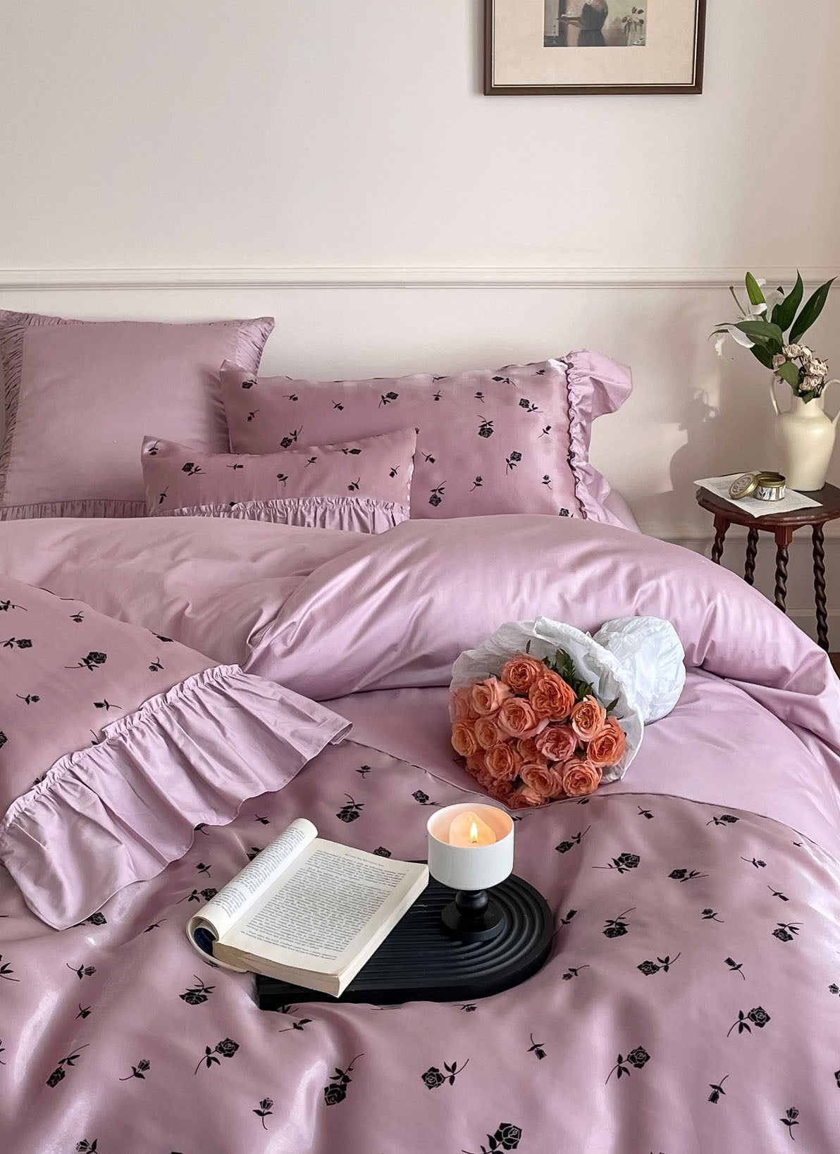 Vintage Inspired Silky Floral Ruffle Bedding Set / Black Pink