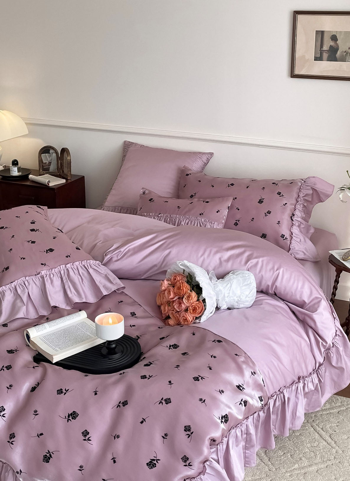 Vintage Inspired Silky Floral Ruffle Bedding Set / Black Pink