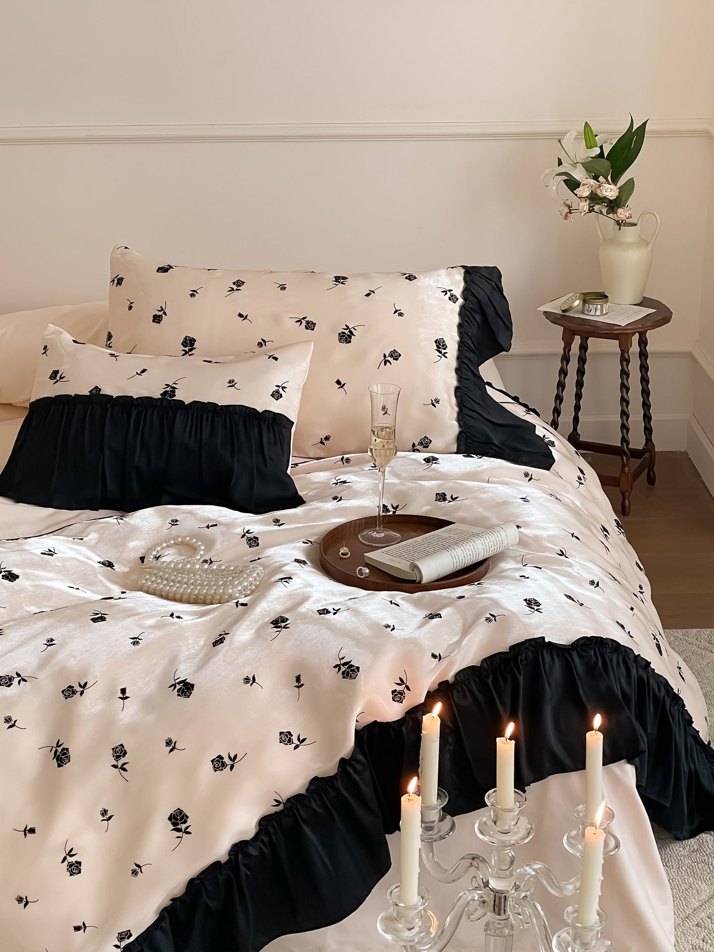 Vintage Inspired Silky Floral Ruffle Bedding Bundle