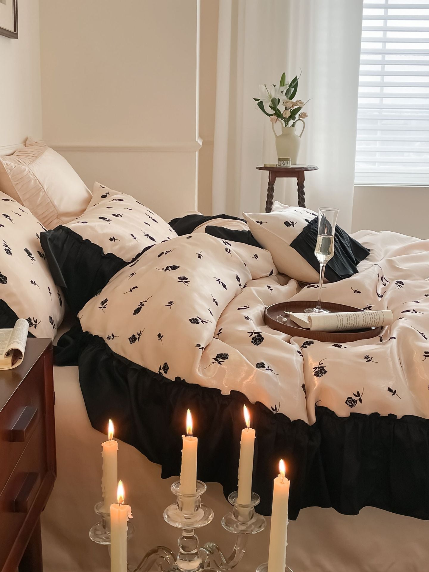 Vintage Inspired Silky Floral Ruffle Bedding Set / Black Pink
