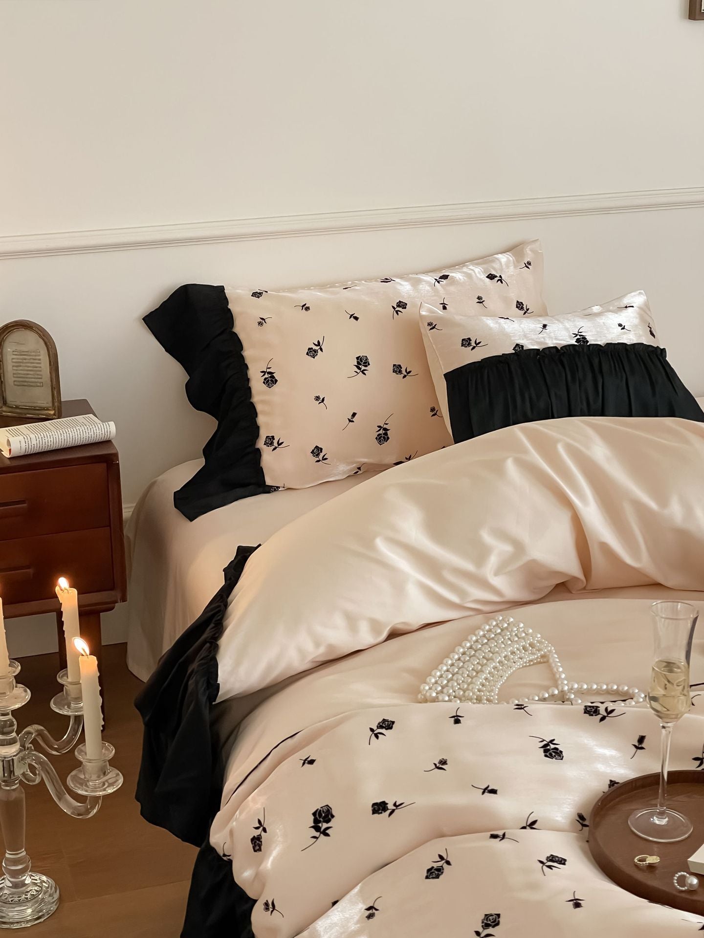 Vintage Inspired Silky Floral Ruffle Bedding Set / Black Pink