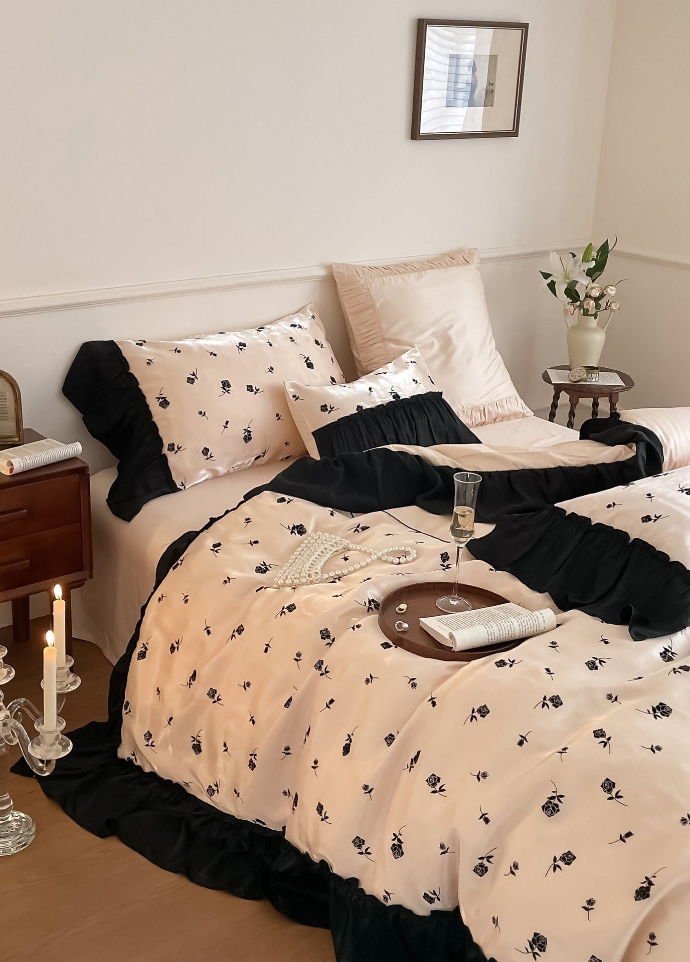 Vintage Inspired Silky Floral Ruffle Bedding Set / Black Pink