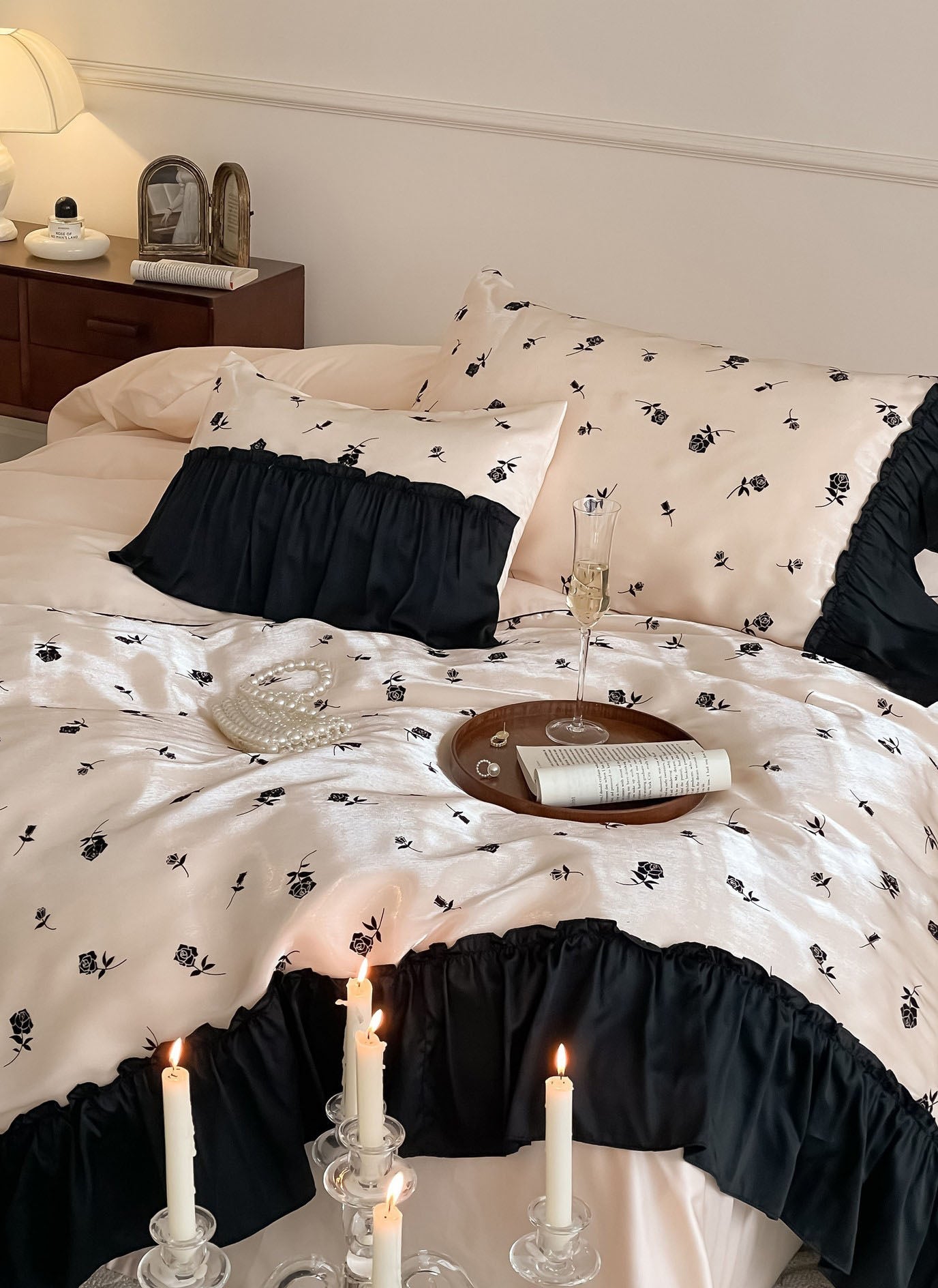 Vintage Inspired Silky Floral Ruffle Bedding Set / Black Pink