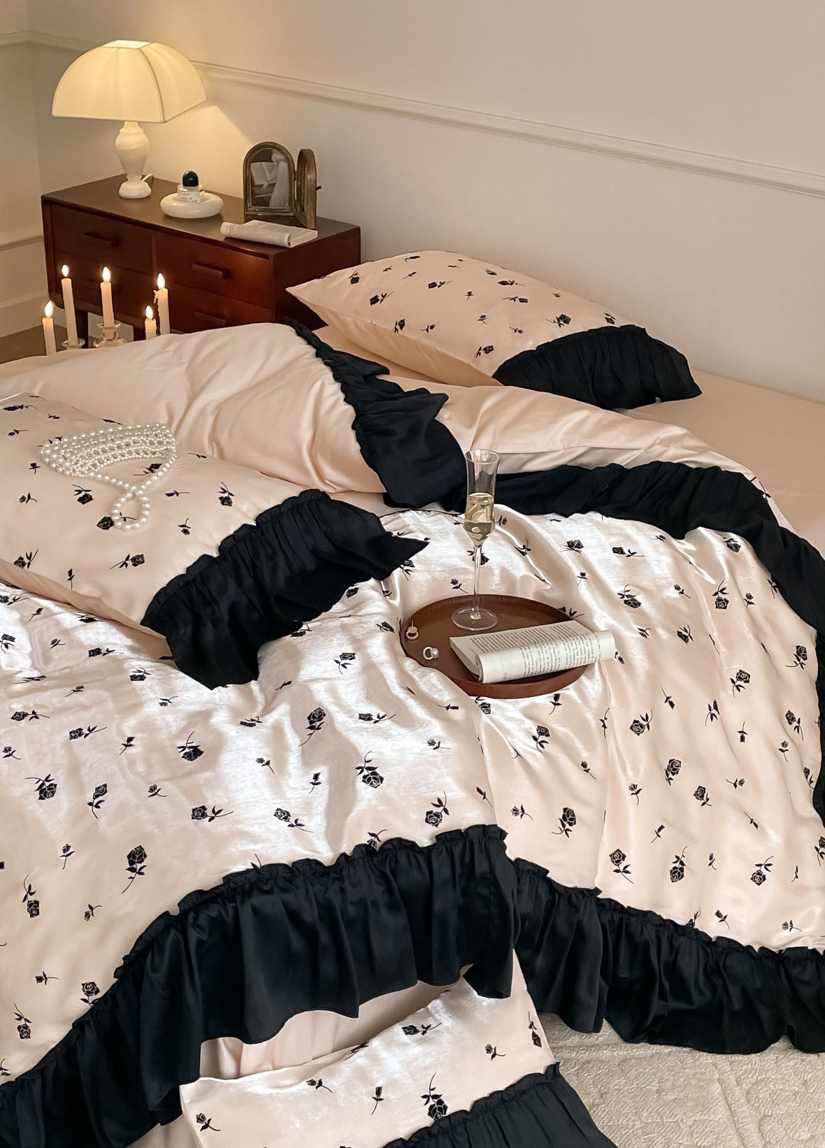 Vintage Inspired Silky Floral Ruffle Bedding Set / Black Pink