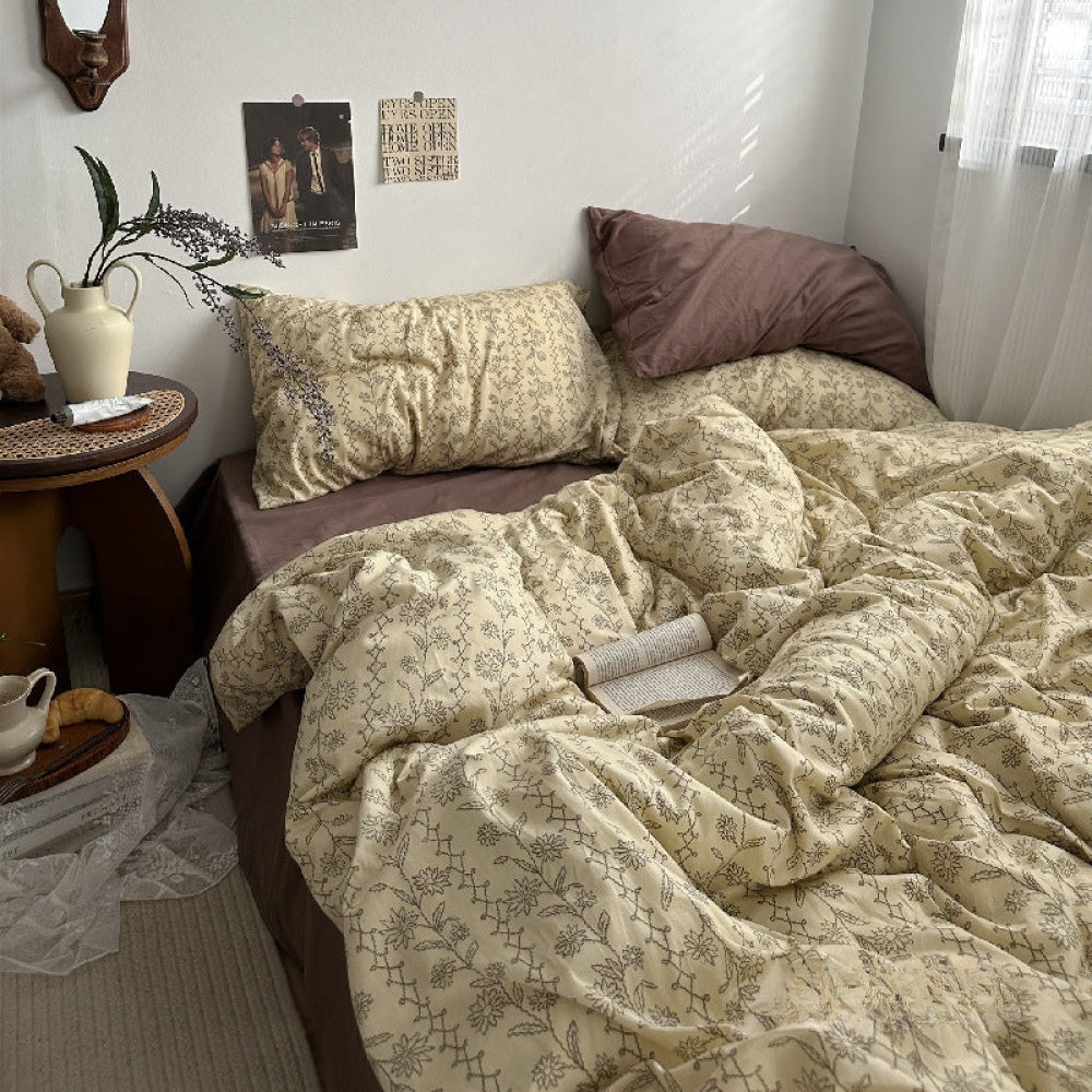 Vintage Inspired Dark Floral Bedding Set / Brown Yellow