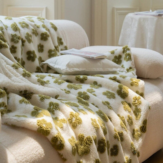 Teddy Fleece Floral Blanket / Green