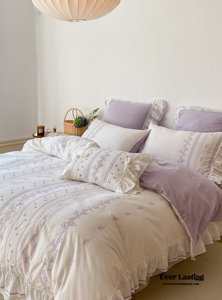 Embroidered French Lace Ruffle Bedding Set / Purple