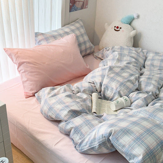 Soft Plaid Bedding Set / Pink Blue