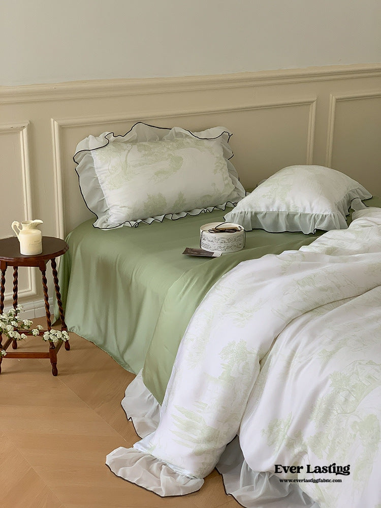 Victorian Inspired Soft Lace Ruffle Bedding Set / Green