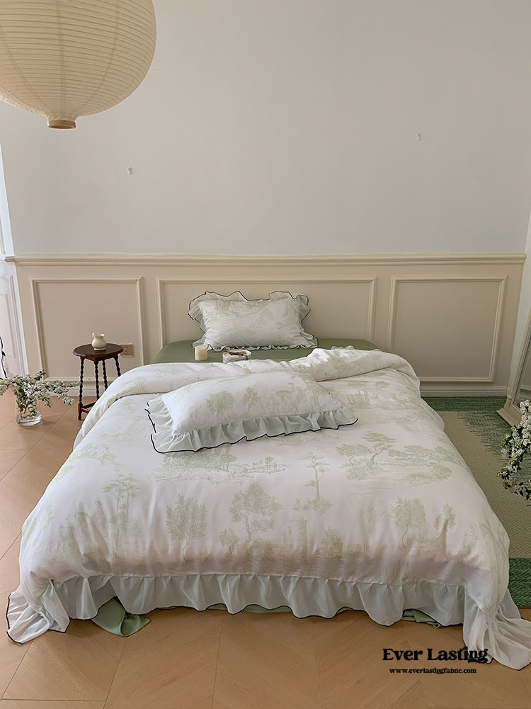 Victorian Inspired Soft Lace Ruffle Bedding Set / Green