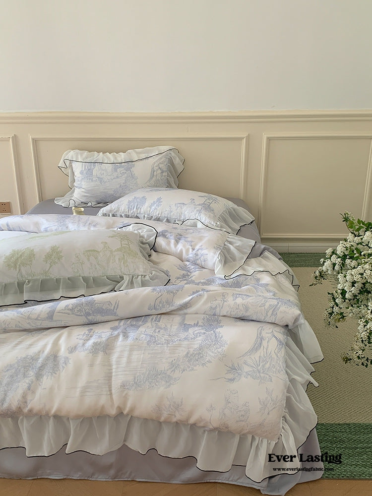 Victorian Inspired Soft Lace Ruffle Bedding Set / Green