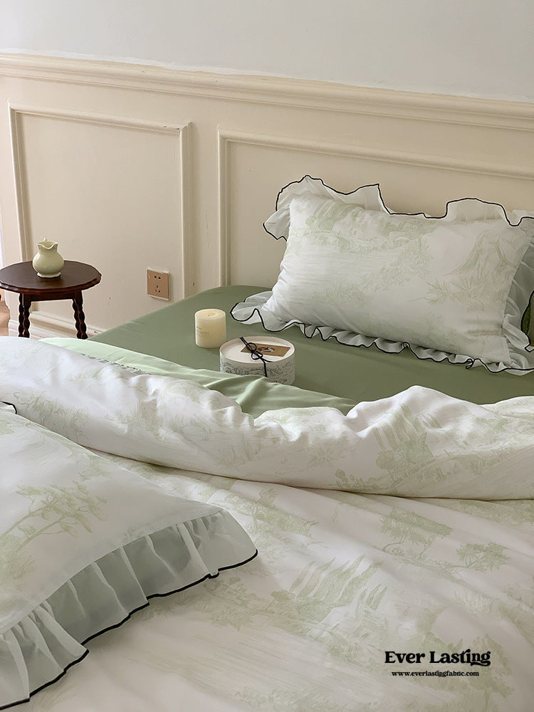 Victorian Inspired Soft Lace Ruffle Bedding Set / Green