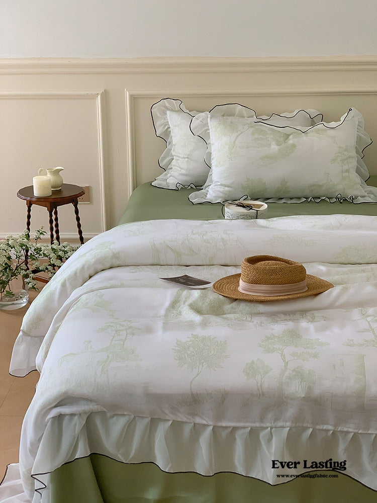 Victorian Inspired Soft Lace Ruffle Bedding Set / Green