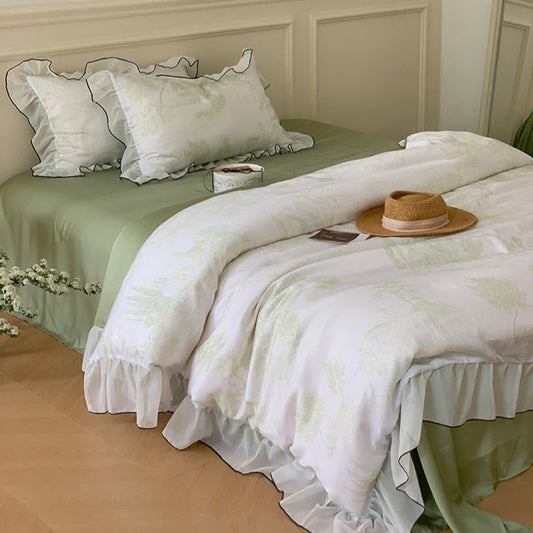 Victorian Inspired Soft Lace Ruffle Bedding Set / Green