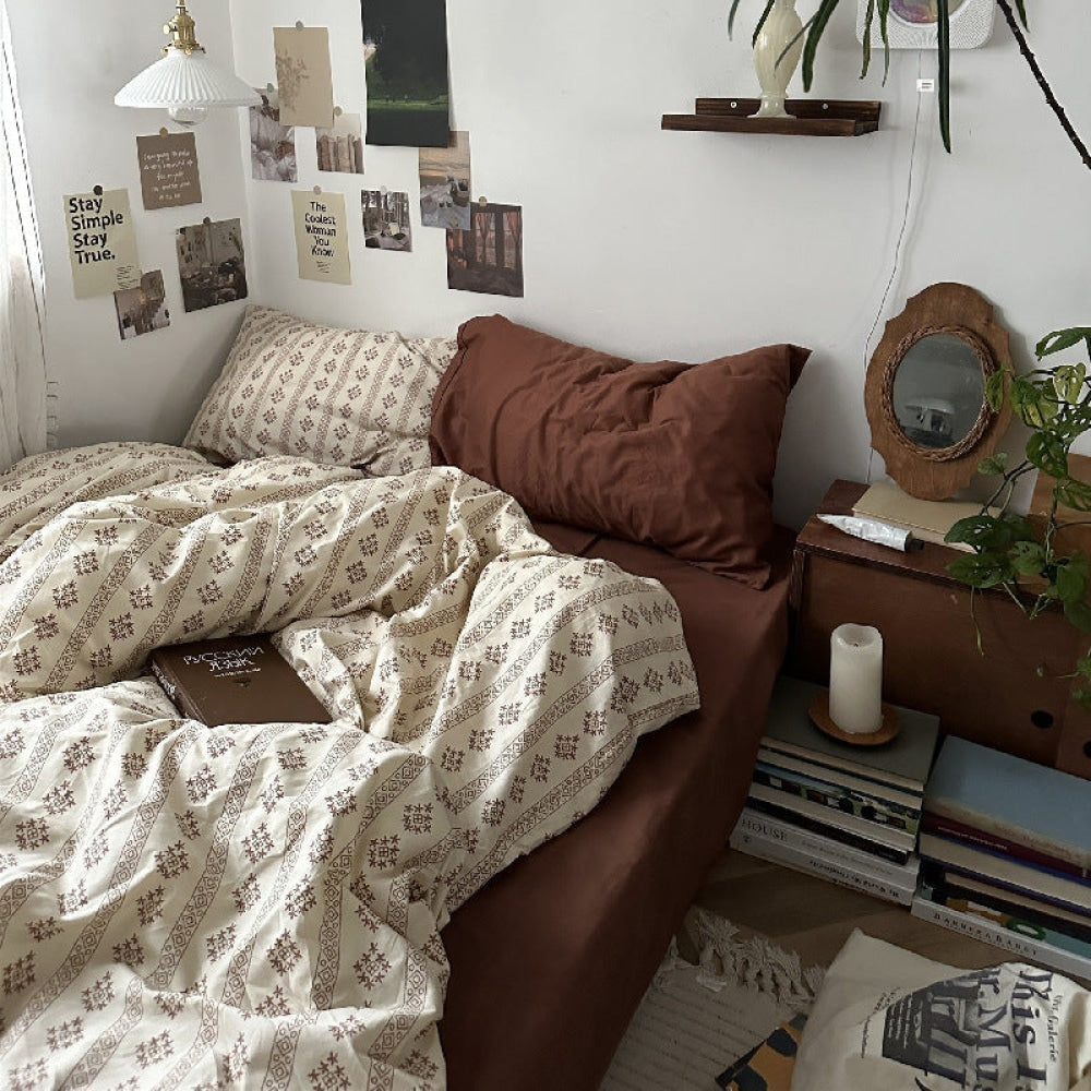 Vintage Inspired Dark Floral Bedding Set / Brown Yellow